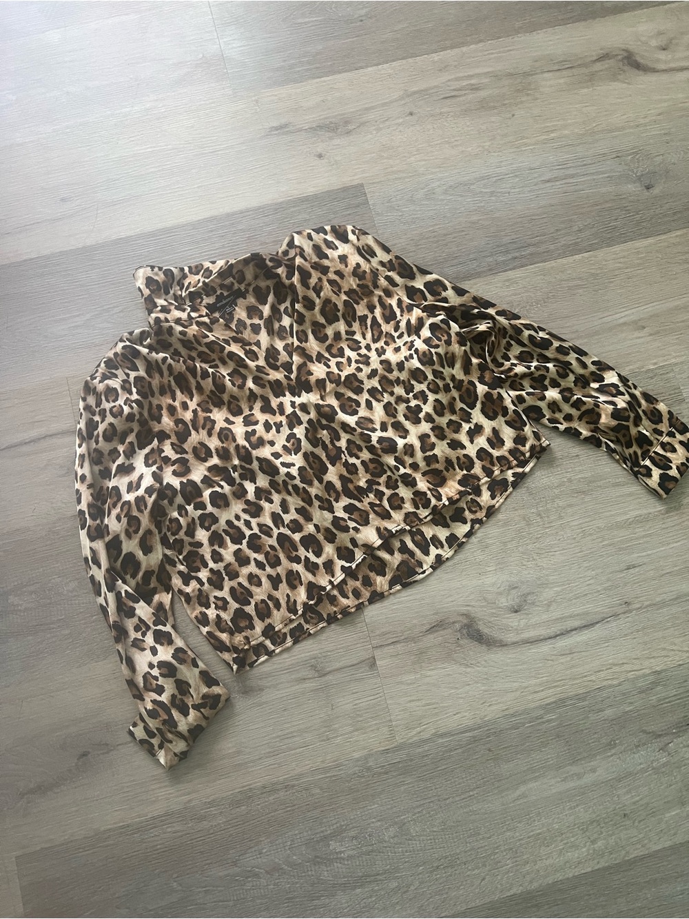 WAmbiance Leopard Print Satin Button-Up Blouse - Tan & Black